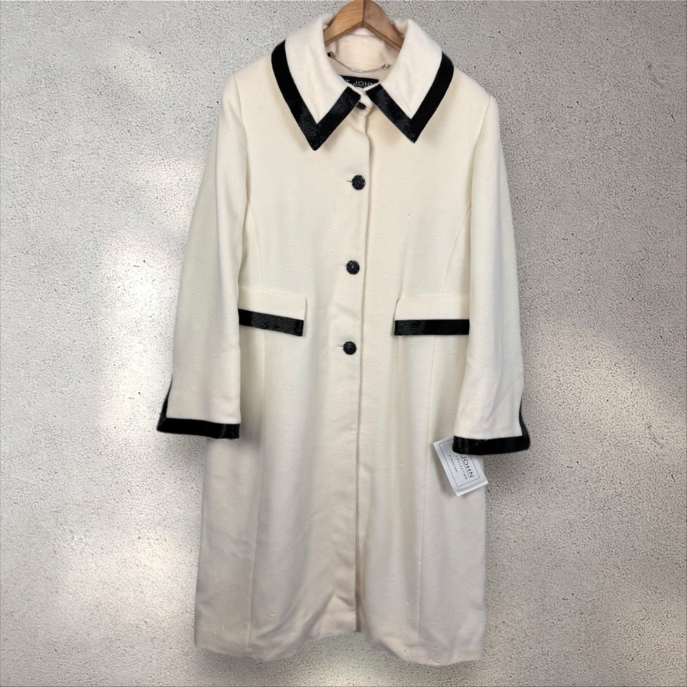 St John Coat Collection Marie Gray Sz 14 Long Beaded Wool Angora Cashmere Blend